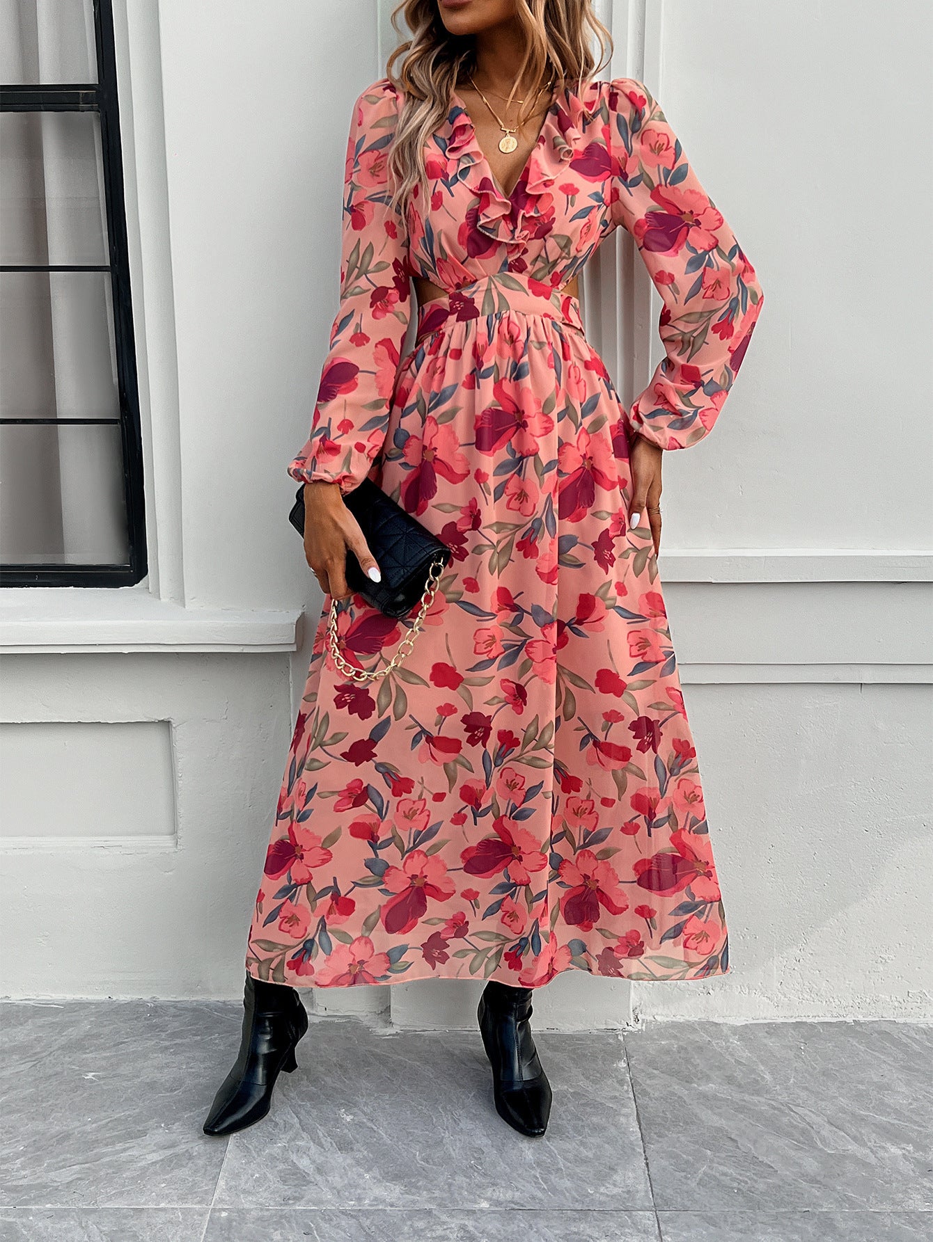 Fashion Florals Print Long Sleeve Dress Casual Holiday Tight-waisted V-neck Dresses Women Clothing