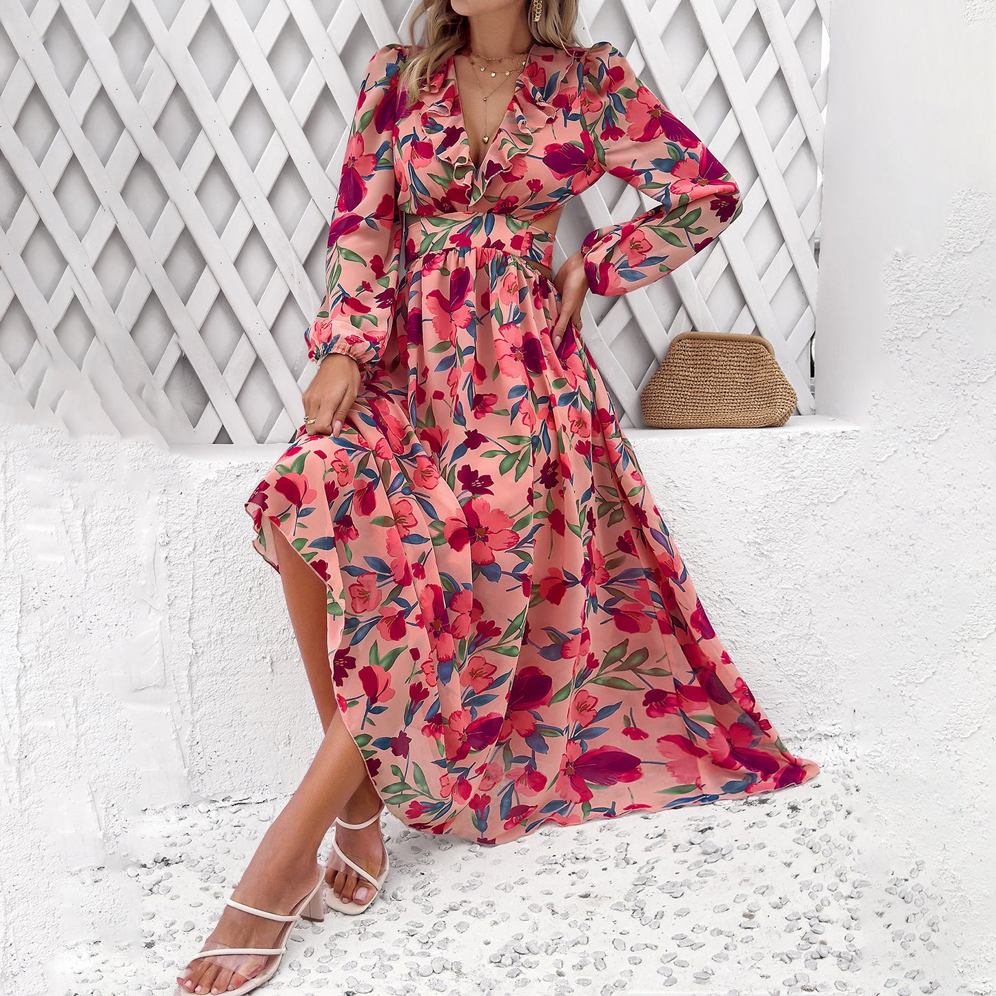 Fashion Florals Print Long Sleeve Dress Casual Holiday Tight-waisted V-neck Dresses Women Clothing