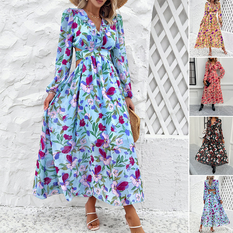 Fashion Florals Print Long Sleeve Dress Casual Holiday Tight-waisted V-neck Dresses Women Clothing