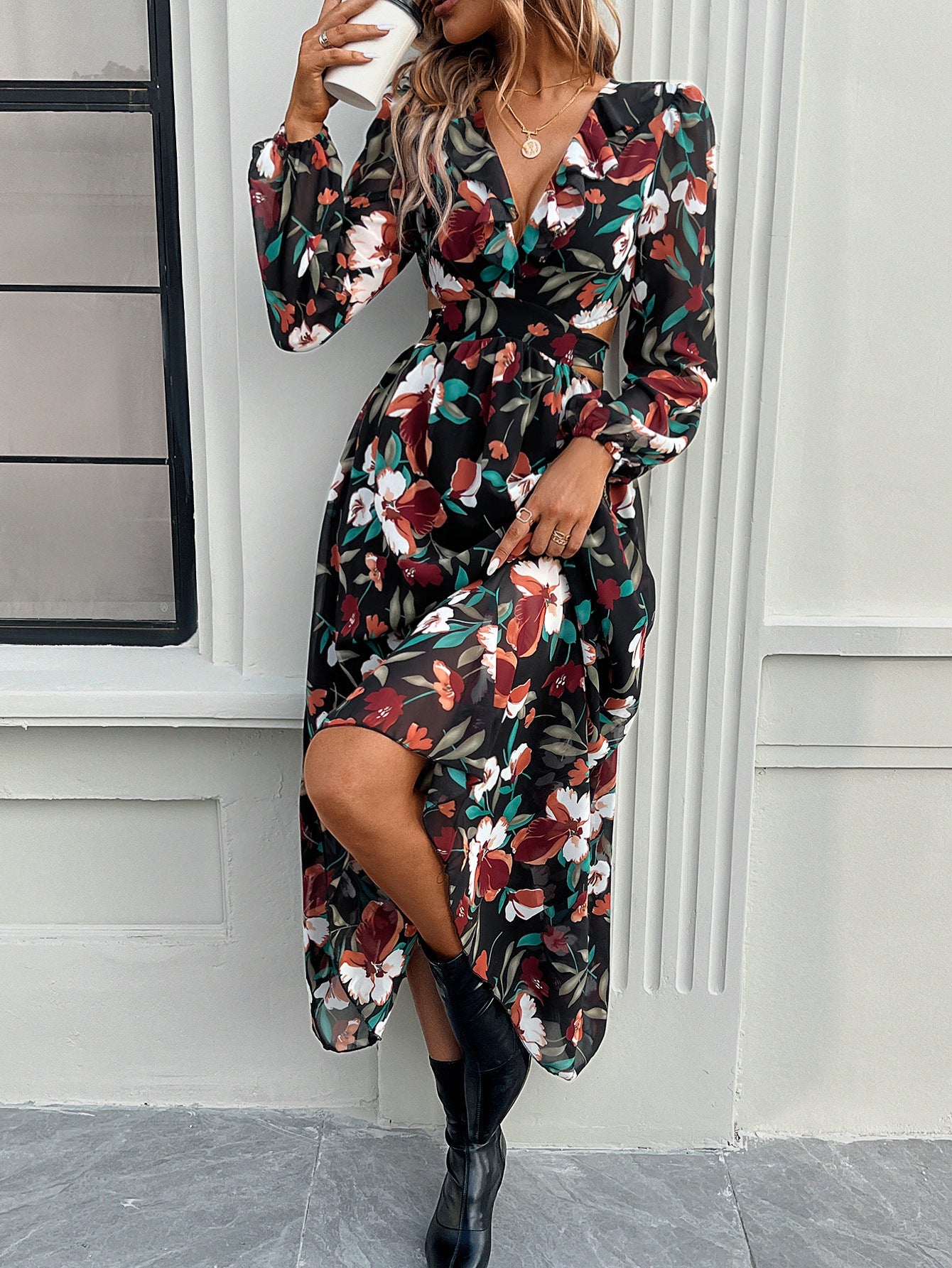 Fashion Florals Print Long Sleeve Dress Casual Holiday Tight-waisted V-neck Dresses Women Clothing