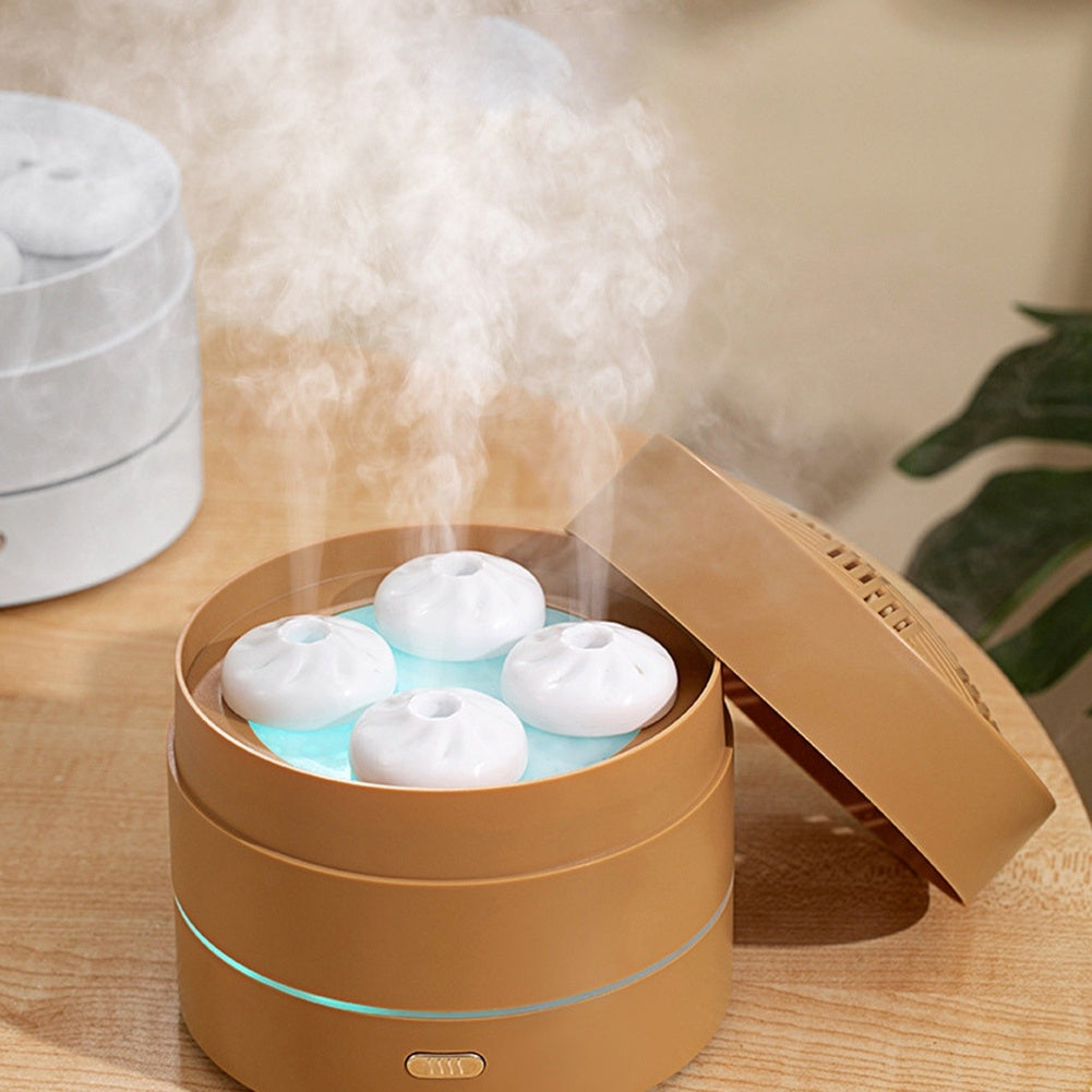 200ML Essential Oil Diffuser USB Cute Steamer Bun Shape Hydrating Aroma Diffusor Night Light Home Small Appliances Brown