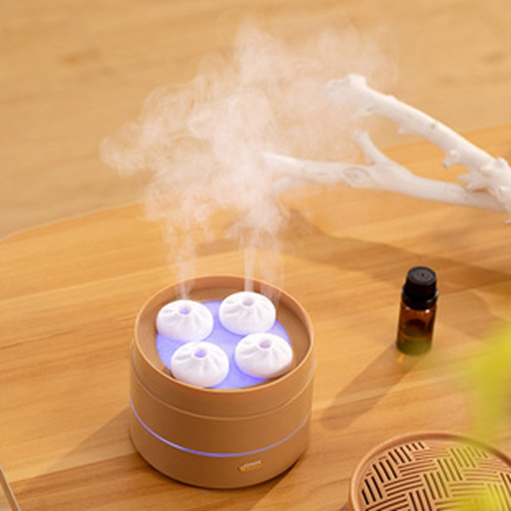 200ML Essential Oil Diffuser USB Cute Steamer Bun Shape Hydrating Aroma Diffusor Night Light Home Small Appliances Brown