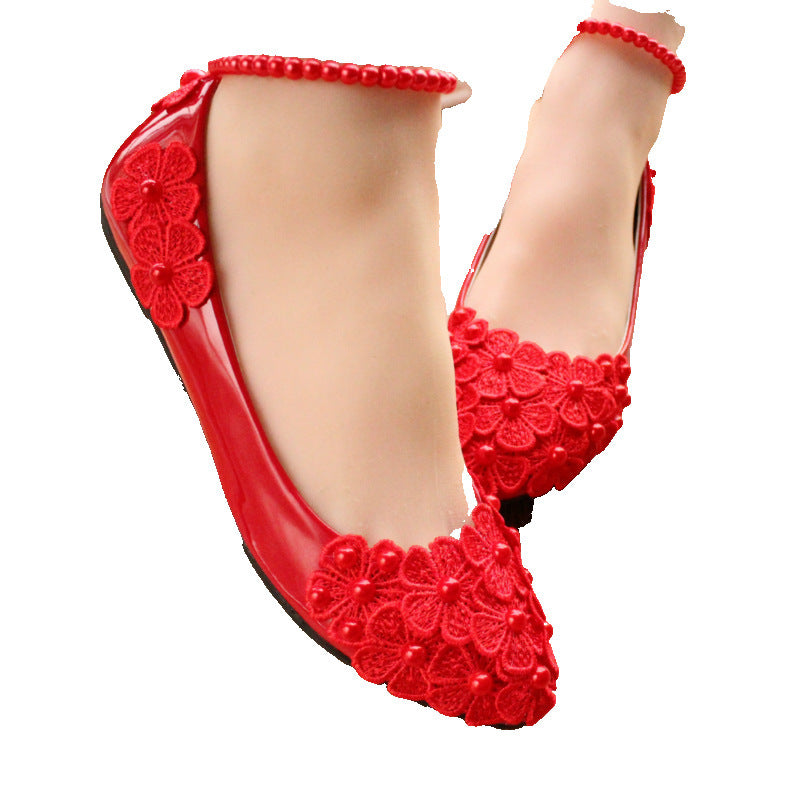 Red Bridal Shoes Pearl Anklet Large Size Women's Shoes