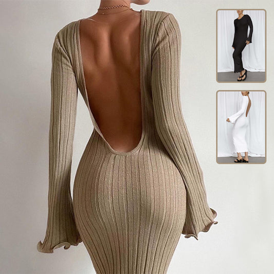 Fashion Slim Long-sleeved Ruffled Long Dress Sexy Hip-wrapped Back-less Knitted Maxi Dresses For Party Beach Womens Clothing