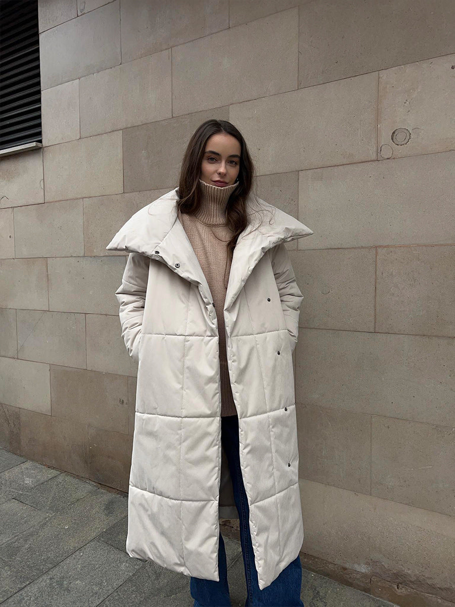 Fashion Large Lapel Long Coat Winter Warm Cotton Jacket With Pockets And Lace-up Design Casual Solid Color Thick Coat For Women Outwear Clothing