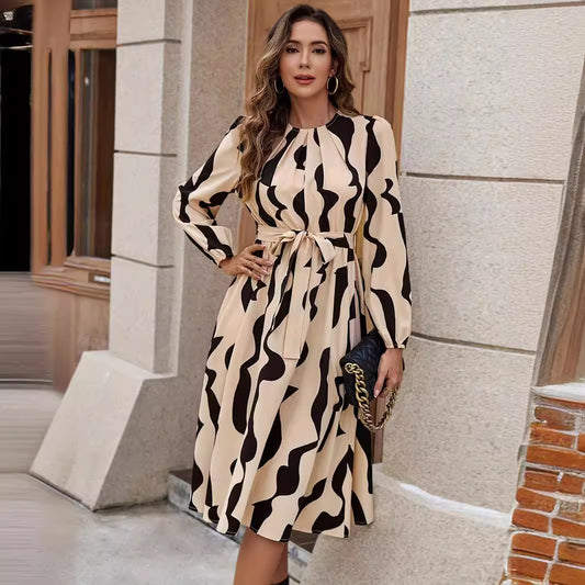 Fashion Elegant Tied Printed Midi Skirt Dress